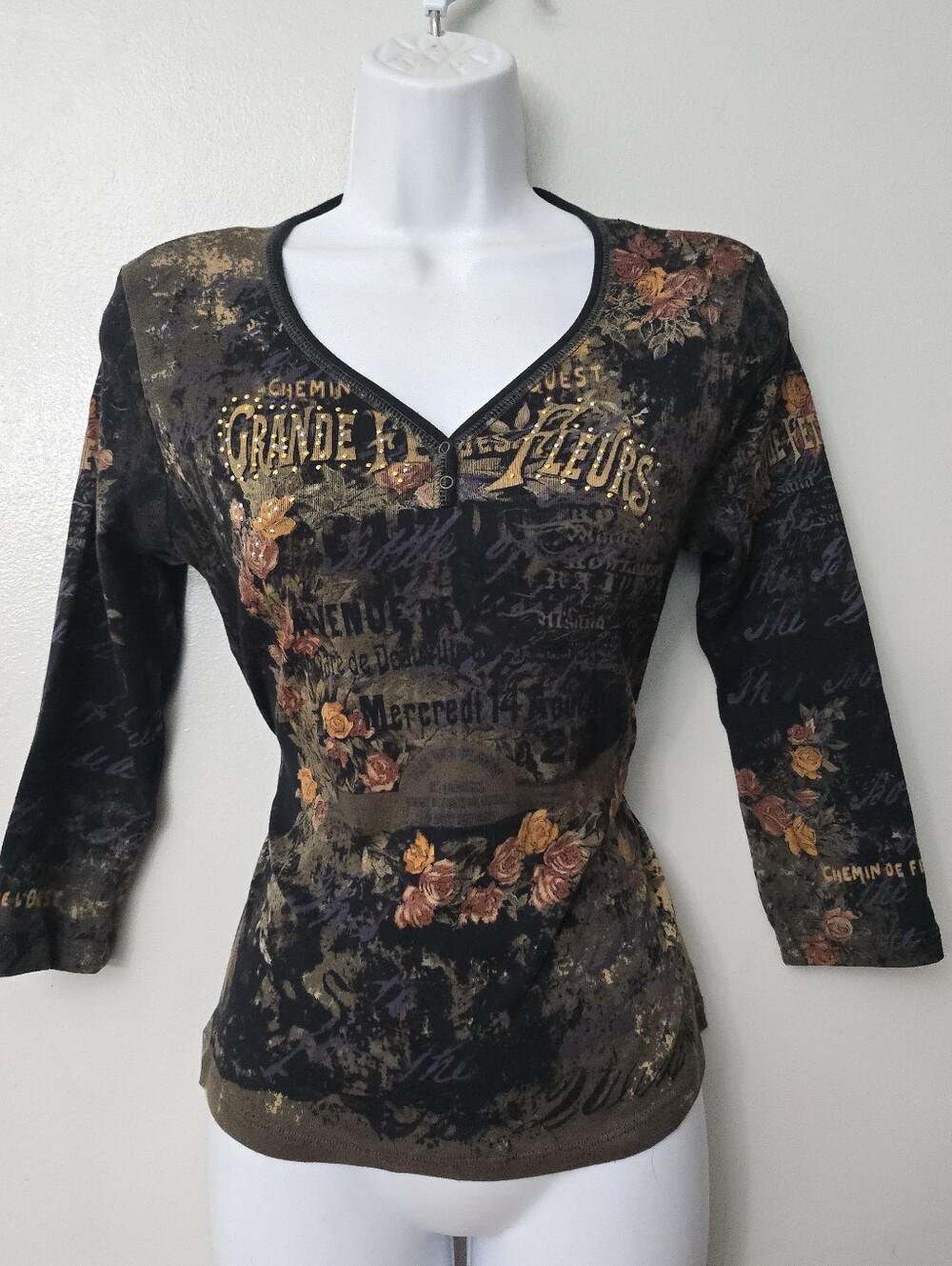Jamee J Y2K Shirt Womens Floral Bling Grand Fleurs L Fairy Grunge Cybergrunge